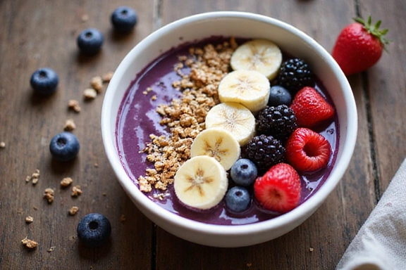 Una ciotola di acai con frutta fresca e muesli, simbolo di una colazione sana ed energizzante.