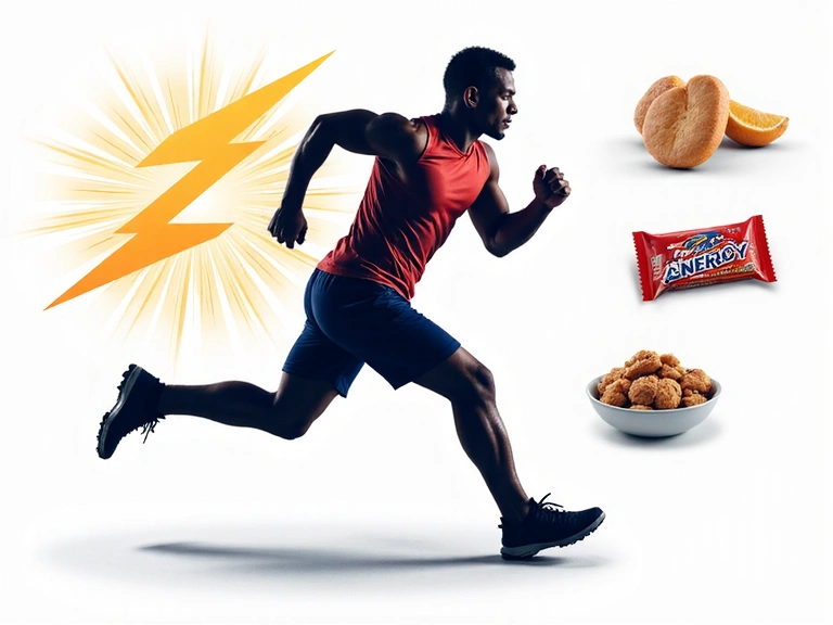 Un atleta in movimento, circondato da simboli di energia e nutrizione, come un fulmine e una barra energetica, che rappresenta la nutrizione sportiva che massimizza le prestazioni.