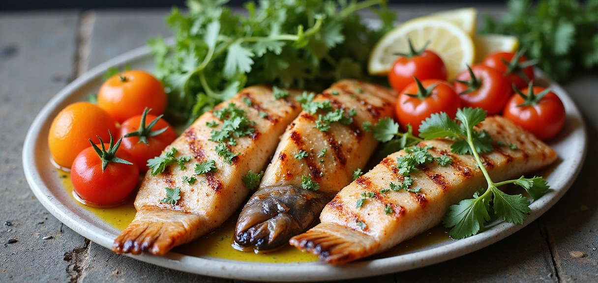 Piatti colorati della dieta mediterranea con verdure fresche, pesce e olio d'oliva.