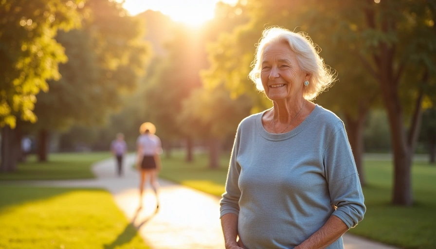 Un anziano sorridente che cammina in un parco, simbolo di vitalità e longevità.